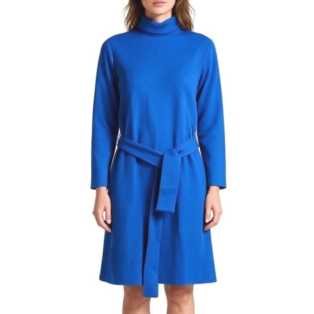 VTG Dark Blue STRIPE TEXTURE POLY KNIT Turtleneck Shift Dress w/TIE BELT M/L
